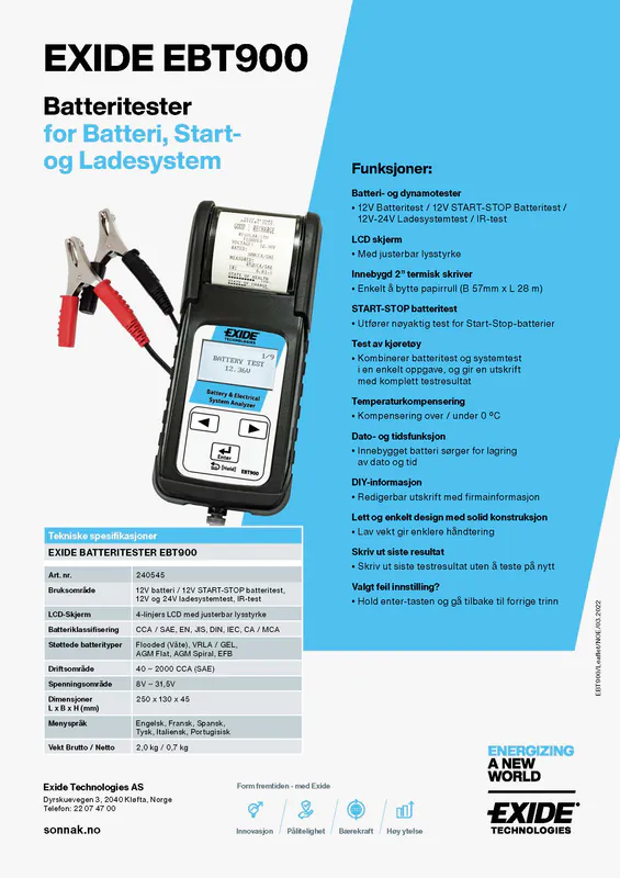 EXIDE  EBT900 | Batteritester - Dynamotester - Diagnoseverktøy 
